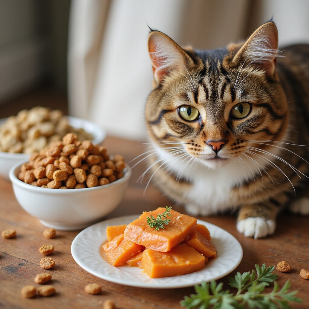 Chat mangeant un repas équilibré à base de viande et légumes, sans céréales ```