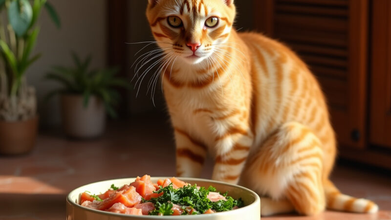 Chat mangeant un repas équilibré à base de viande et légumes, sans céréales ```
