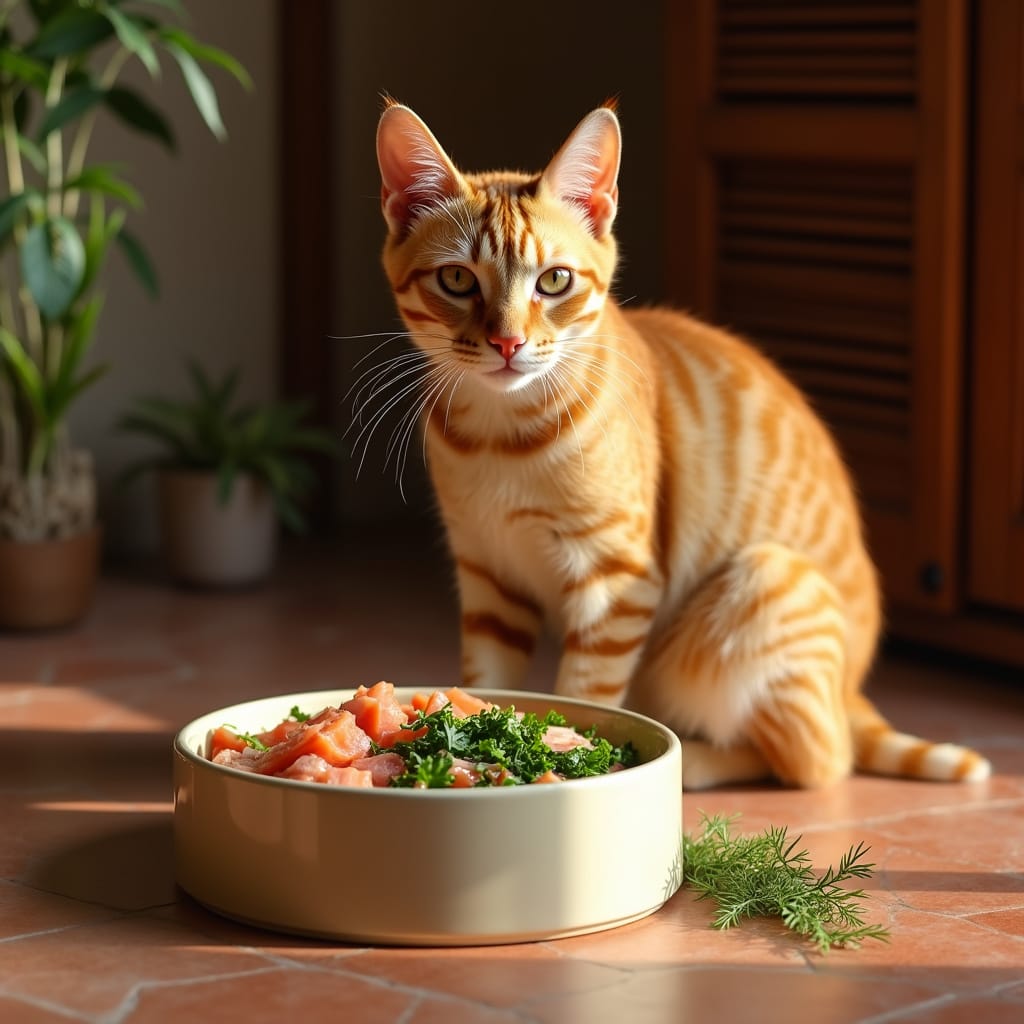 Chat mangeant un repas équilibré à base de viande et légumes, sans céréales ```