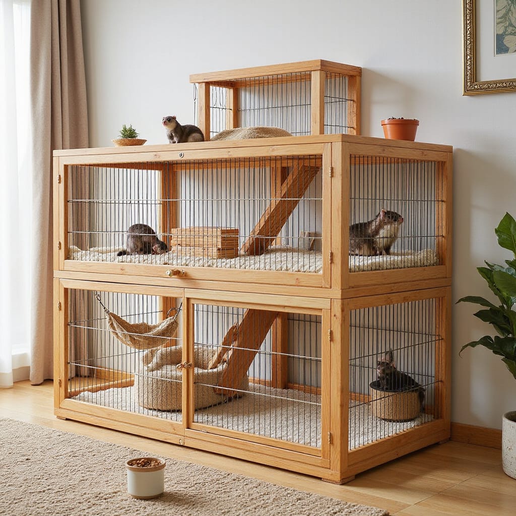 Alt-text pour une image : Un furet joueur dans une cage spacieuse équipée de hamacs, tunnels et gamelles, illustrant un habitat idéal.