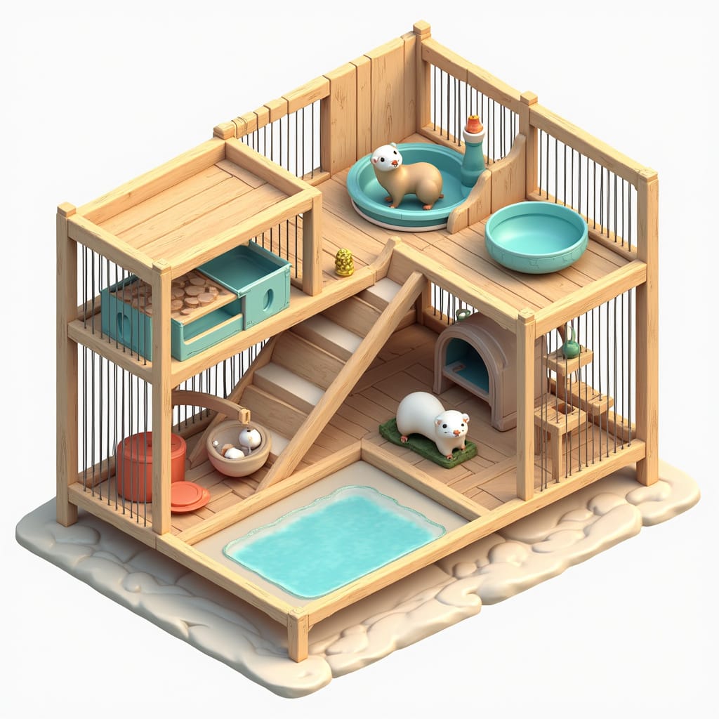 Alt-text pour une image : Un furet joueur dans une cage spacieuse équipée de hamacs, tunnels et gamelles, illustrant un habitat idéal.