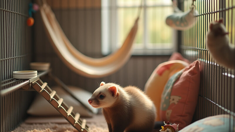 Alt-text pour une image : Un furet joueur dans une cage spacieuse équipée de hamacs, tunnels et gamelles, illustrant un habitat idéal.