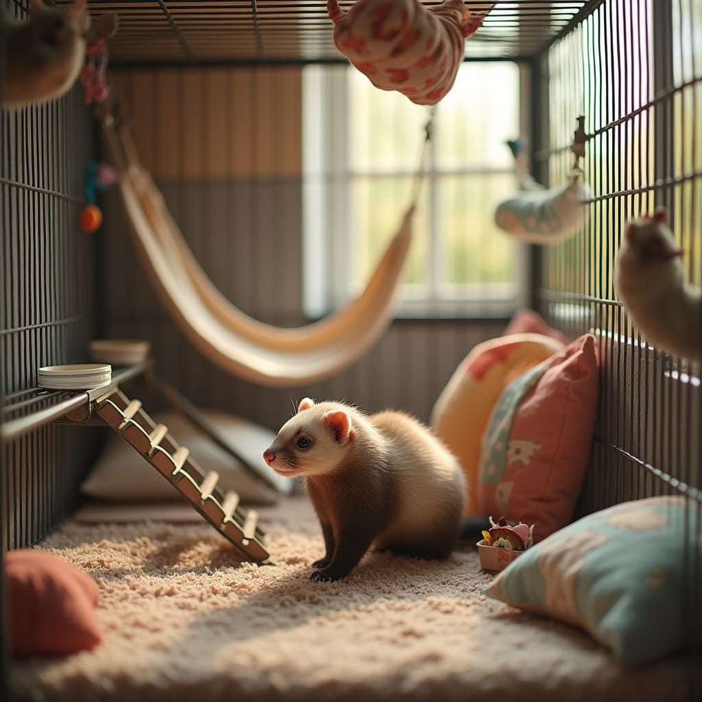 Alt-text pour une image : Un furet joueur dans une cage spacieuse équipée de hamacs, tunnels et gamelles, illustrant un habitat idéal.