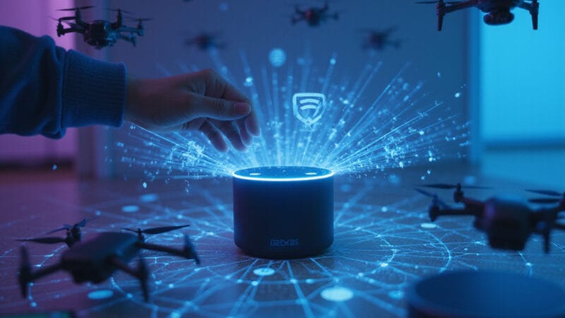 Alt-text : Un utilisateur discutant avec un haut-parleur intelligent Alexa+ affichant une notification publicitaire à lécran.