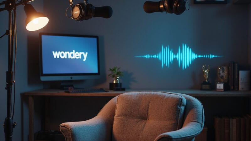 Image : Logo de Wondery avec une superposition des mots Restructuration Amazon Podcasts en arrière-plan.