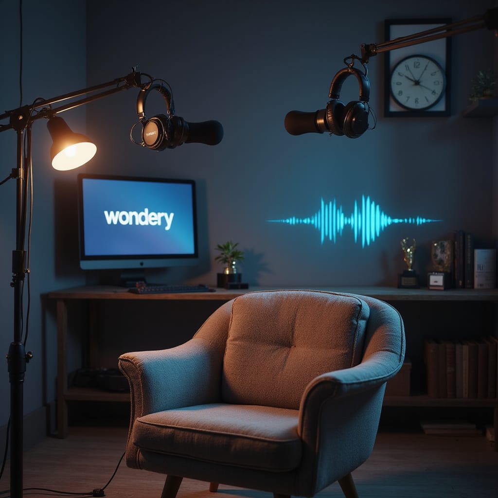 Image : Logo de Wondery avec une superposition des mots Restructuration Amazon Podcasts en arrière-plan.