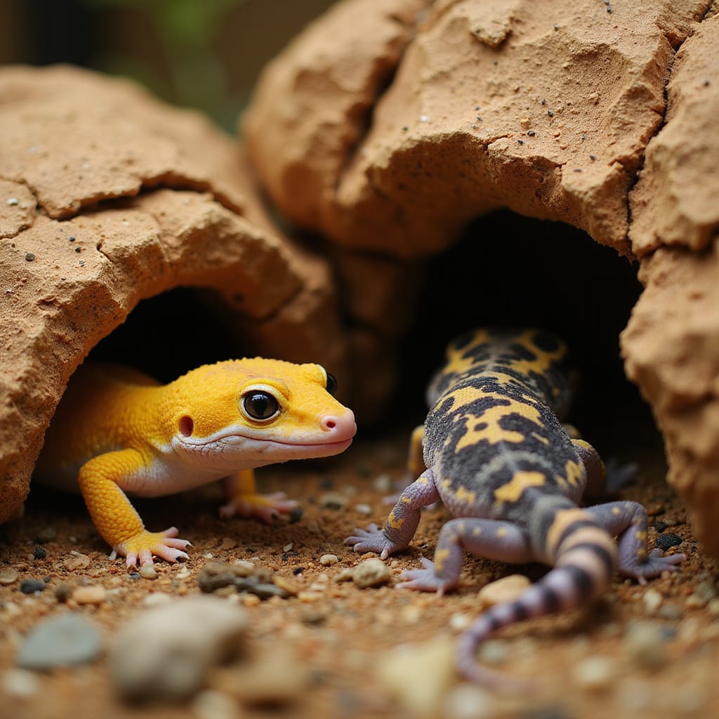 Gecko léopard examinant une cachette en liège et une en plastique dans son terrarium. ```