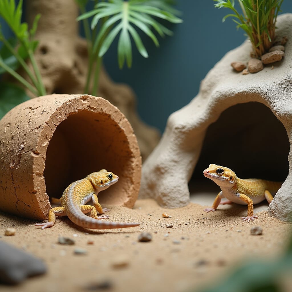 Gecko léopard examinant une cachette en liège et une en plastique dans son terrarium. ```