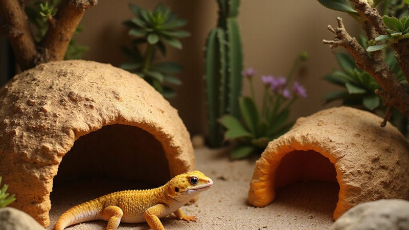 Gecko léopard examinant une cachette en liège et une en plastique dans son terrarium. ```
