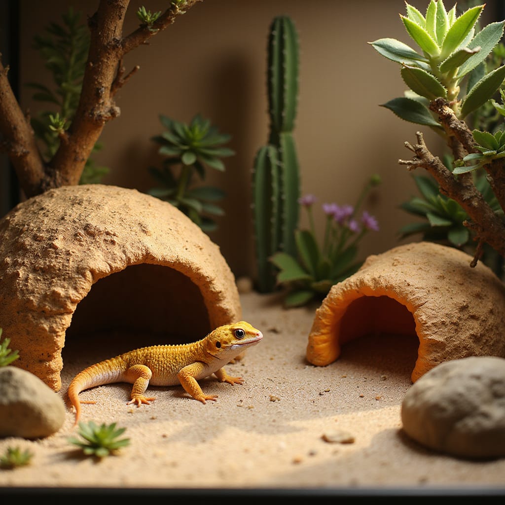 Gecko léopard examinant une cachette en liège et une en plastique dans son terrarium. ```