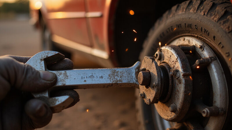 Mécanicien ajustant le câble de frein à main dune voiture sur un tambour arrière.