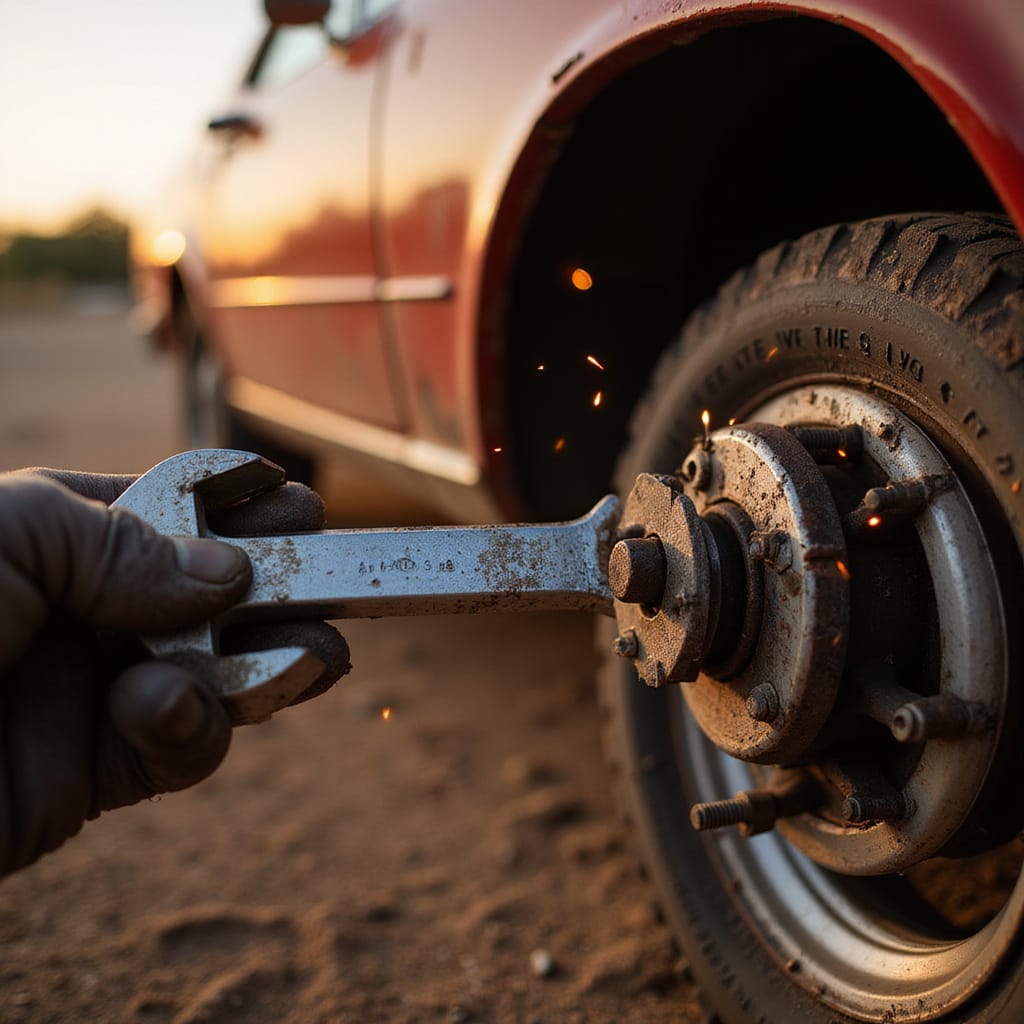 Mécanicien ajustant le câble de frein à main dune voiture sur un tambour arrière.