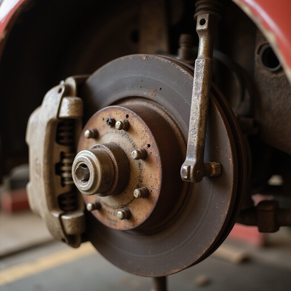 Mécanicien ajustant le câble de frein à main dune voiture sur un tambour arrière.