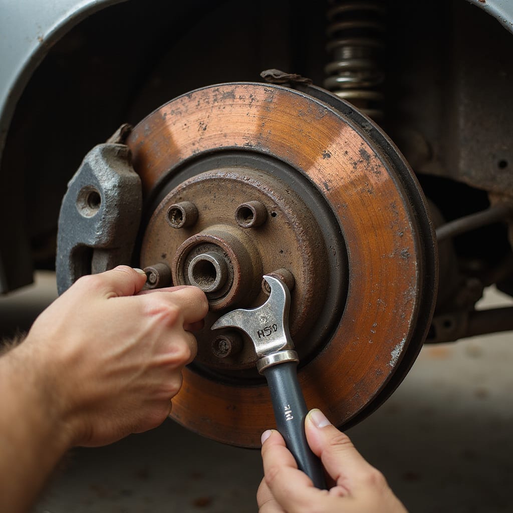 Mécanicien ajustant le câble de frein à main dune voiture sur un tambour arrière.