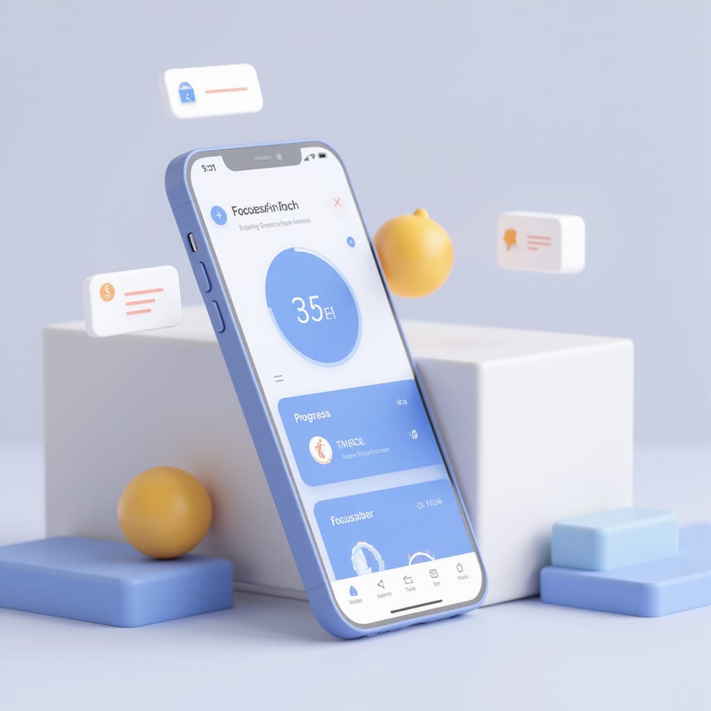 Capture décran de lapplication Focus Friend montrant un haricot souriant tricotant dans une chambre décorée, avec un timer de productivité en arrière-plan. ```
