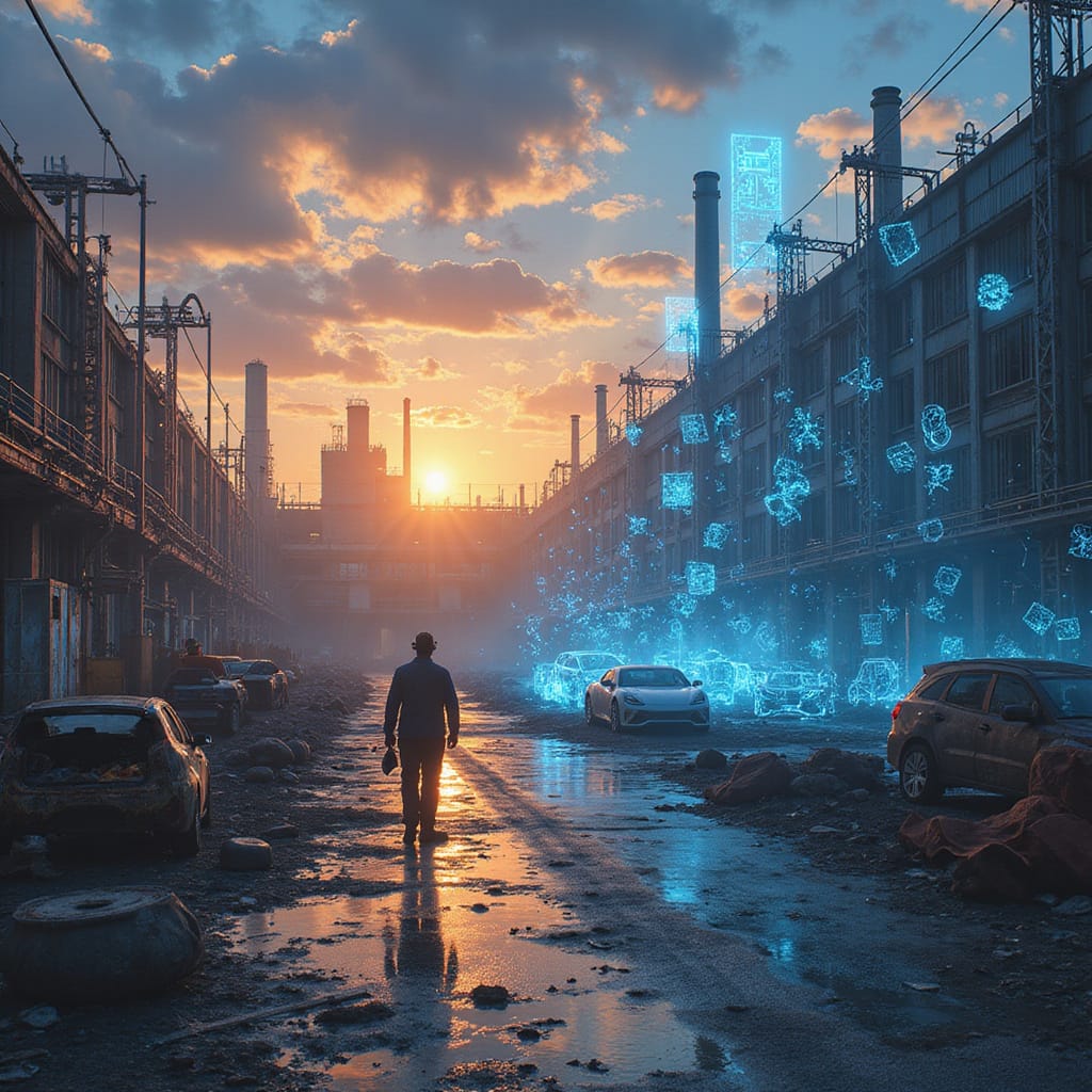 Usine automobile abandonnée avec des véhicules électriques inachevés alignés à lintérieur, symbolisant les projets avortés de Foxconn.