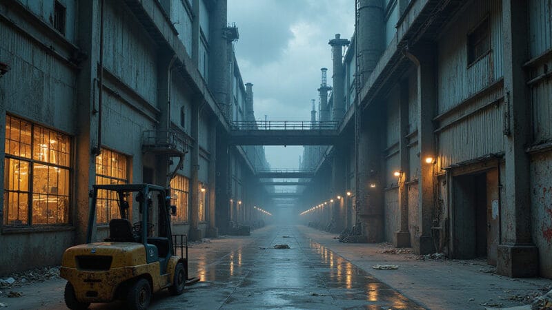 Usine automobile abandonnée avec des véhicules électriques inachevés alignés à lintérieur, symbolisant les projets avortés de Foxconn.