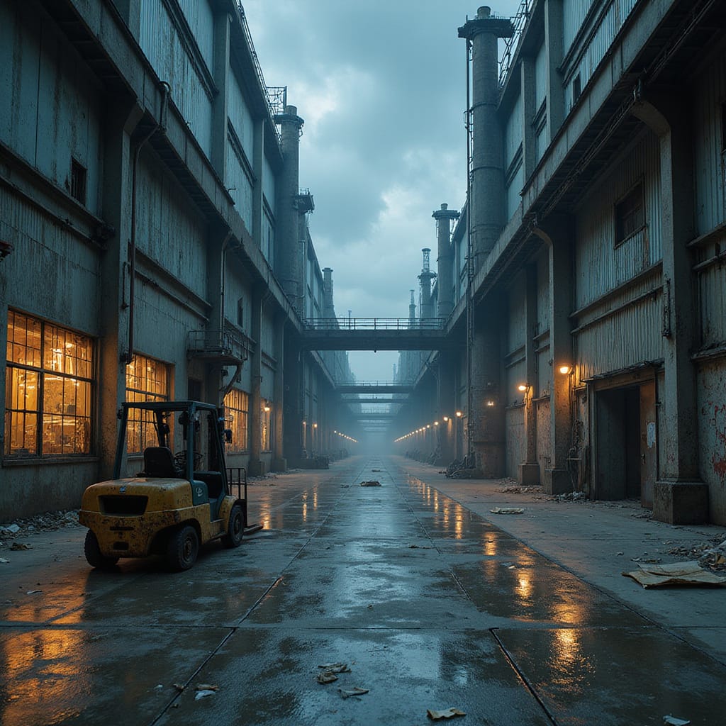 Usine automobile abandonnée avec des véhicules électriques inachevés alignés à lintérieur, symbolisant les projets avortés de Foxconn.