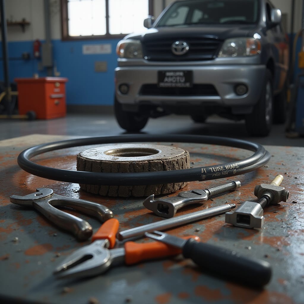 Homme remplaçant les câbles de frein à main dune voiture, outil à la main, dans un garage bien éclairé.