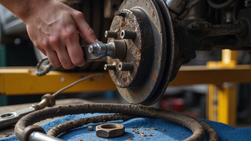 Homme remplaçant les câbles de frein à main dune voiture, outil à la main, dans un garage bien éclairé.