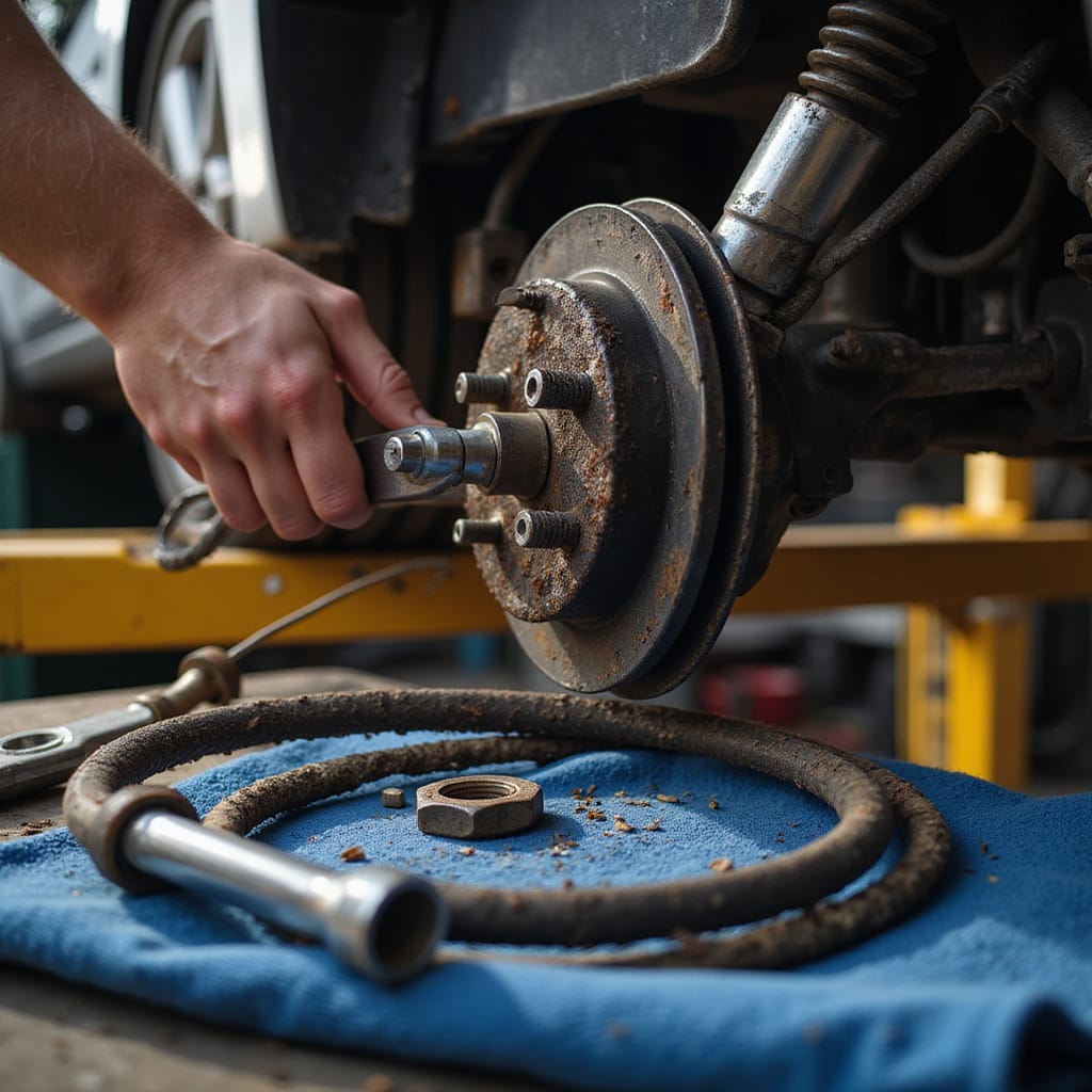 Homme remplaçant les câbles de frein à main dune voiture, outil à la main, dans un garage bien éclairé.