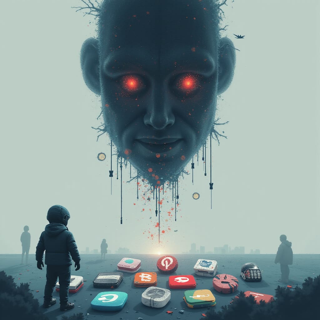 Alt-text : Illustration dun écran smartphone affichant des icônes dapplications avec, en arrière-plan, une IA générant un design automatique.