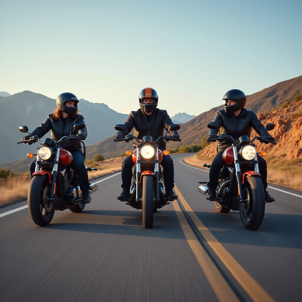 Groupe de motards équipés dintercoms communicants lors dune balade sur route sinueuse.