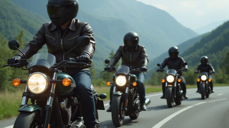 Groupe de motards équipés dintercoms communicants lors dune balade sur route sinueuse.