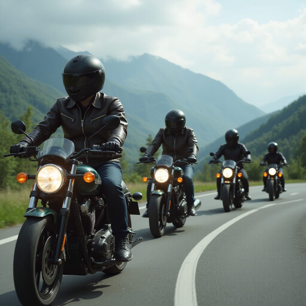 Groupe de motards équipés dintercoms communicants lors dune balade sur route sinueuse.
