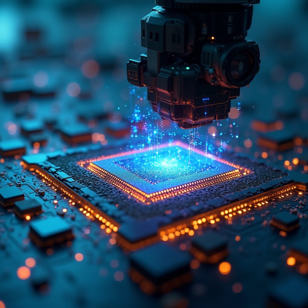 Alt-text : Deux ingénieures discutant devant des écrans affichant des analyses de puces électroniques dans une usine high-tech.