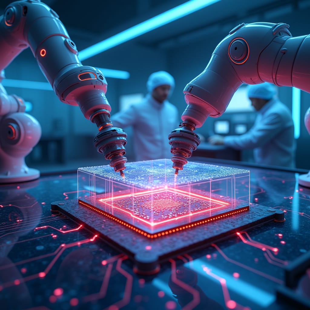 Alt-text : Deux ingénieures discutant devant des écrans affichant des analyses de puces électroniques dans une usine high-tech.