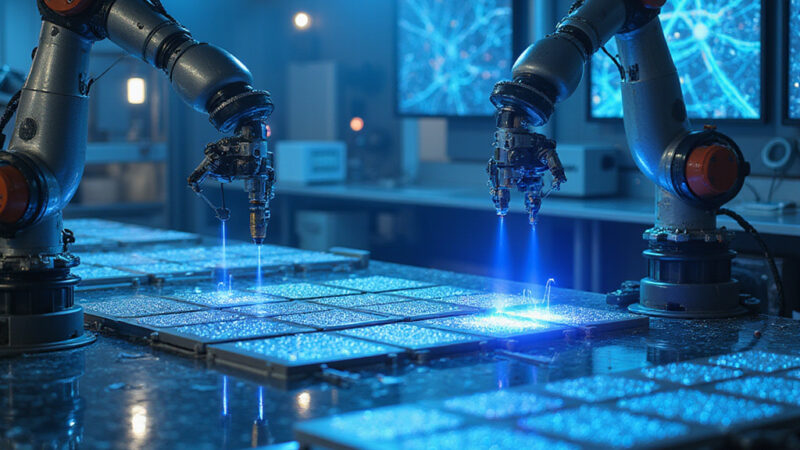 Alt-text : Deux ingénieures discutant devant des écrans affichant des analyses de puces électroniques dans une usine high-tech.