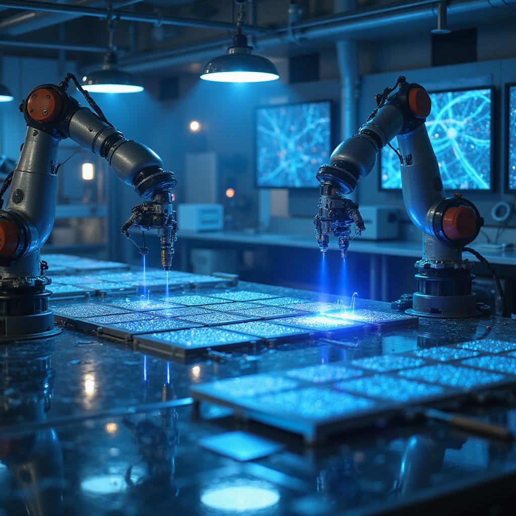 Alt-text : Deux ingénieures discutant devant des écrans affichant des analyses de puces électroniques dans une usine high-tech.