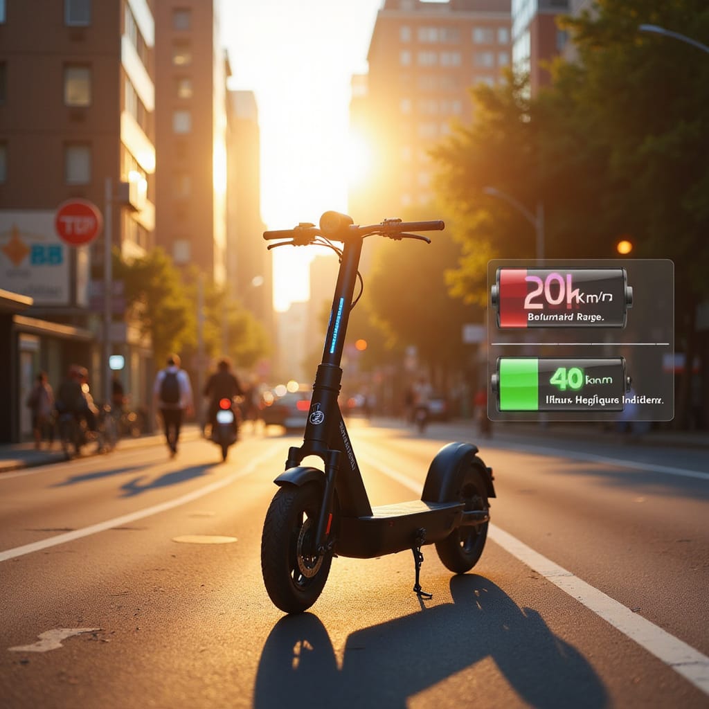 Une personne teste lautonomie dune trottinette électrique en ville, avec un compteur affichant la distance parcourue.