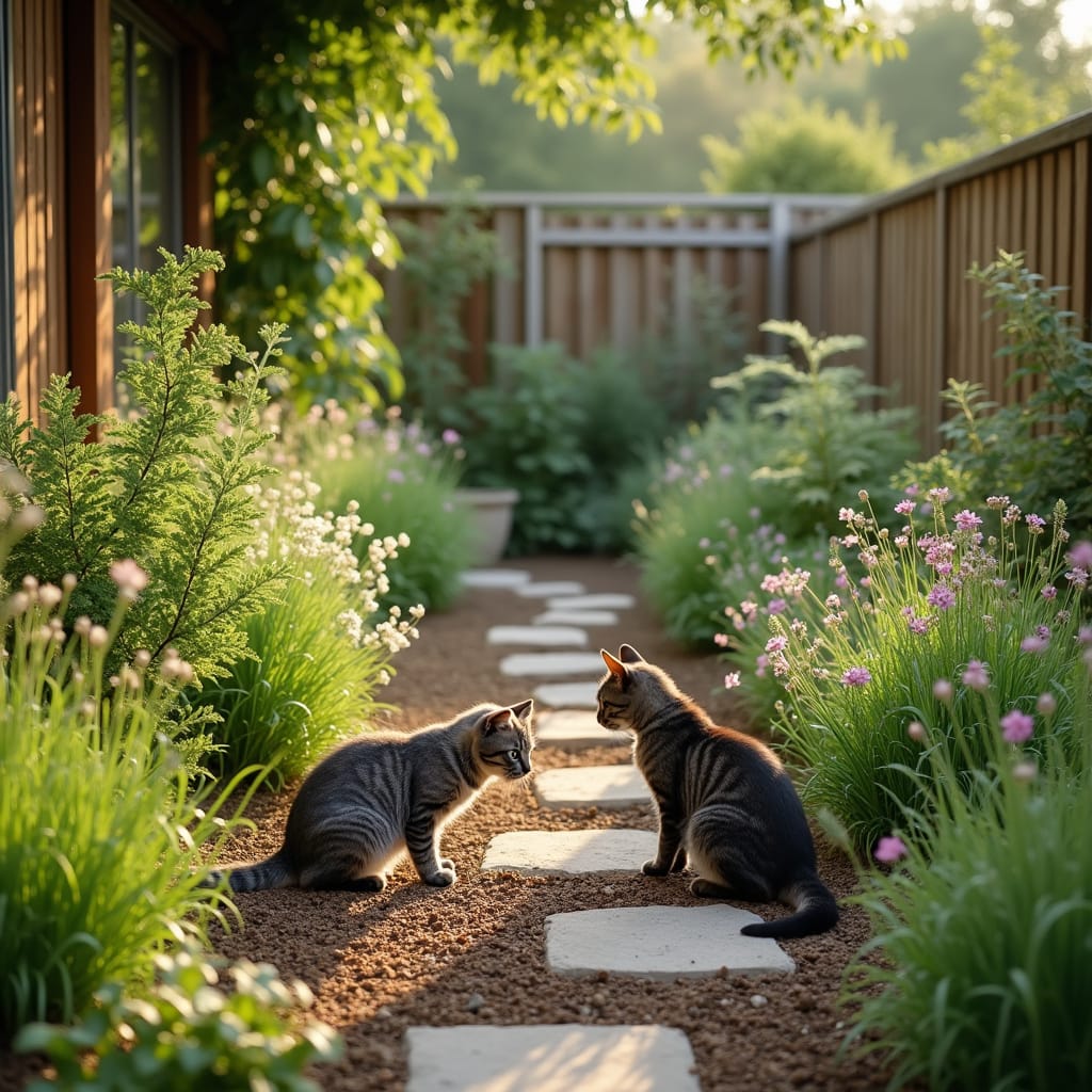 Alt-text: Un chat heureux explore un jardin clôturé rempli de plantes sans danger, avec un petit abri en bois à larrière-plan. ```