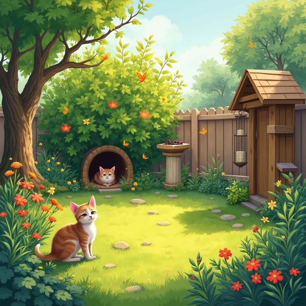 Alt-text: Un chat heureux explore un jardin clôturé rempli de plantes sans danger, avec un petit abri en bois à larrière-plan. ```