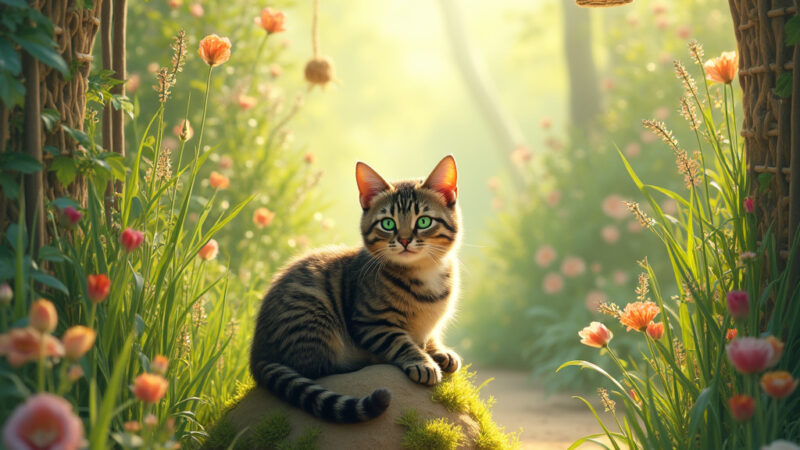 Alt-text: Un chat heureux explore un jardin clôturé rempli de plantes sans danger, avec un petit abri en bois à larrière-plan. ```