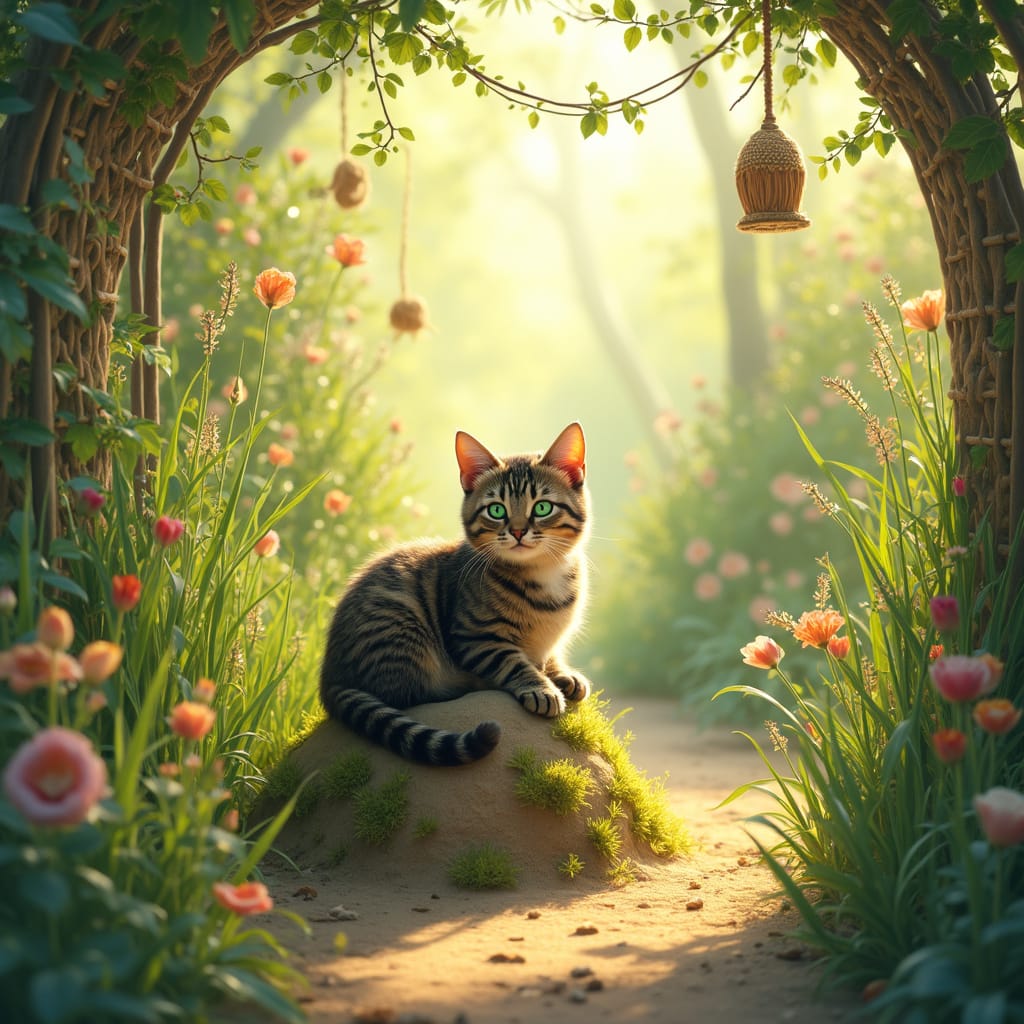 Alt-text: Un chat heureux explore un jardin clôturé rempli de plantes sans danger, avec un petit abri en bois à larrière-plan. ```