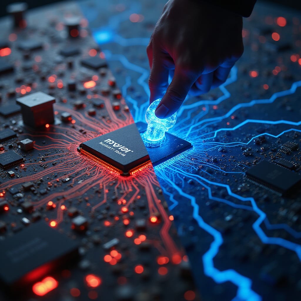 Alt-text : Logo de Nvidia et drapeau chinois représentant les tensions autour des régulations antitrust en matière de semi-conducteurs.