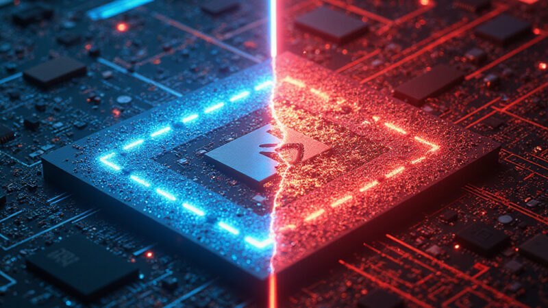 Alt-text : Logo de Nvidia et drapeau chinois représentant les tensions autour des régulations antitrust en matière de semi-conducteurs.