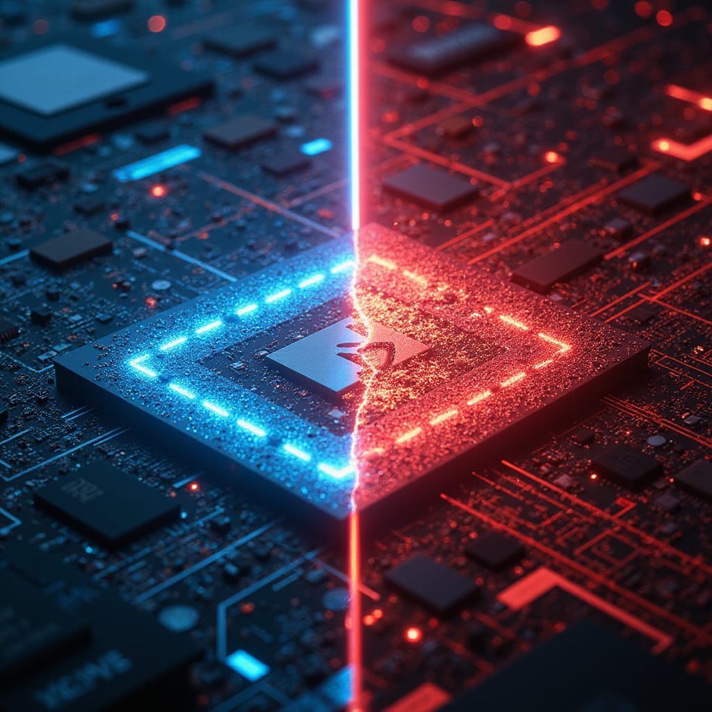 Alt-text : Logo de Nvidia et drapeau chinois représentant les tensions autour des régulations antitrust en matière de semi-conducteurs.