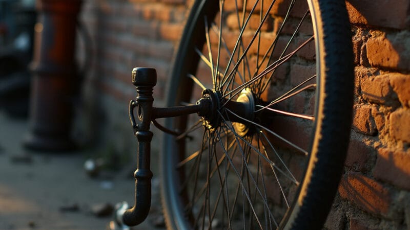 Un mécanicien vérifie la pression dun pneu à chambre à air sur une route de campagne.