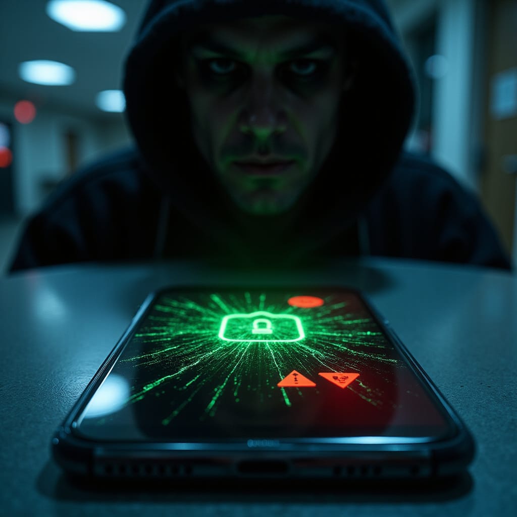 Image : Un smartphone affichant un message dalerte Surveillance détectée avec un cadenas brisé en arrière-plan.