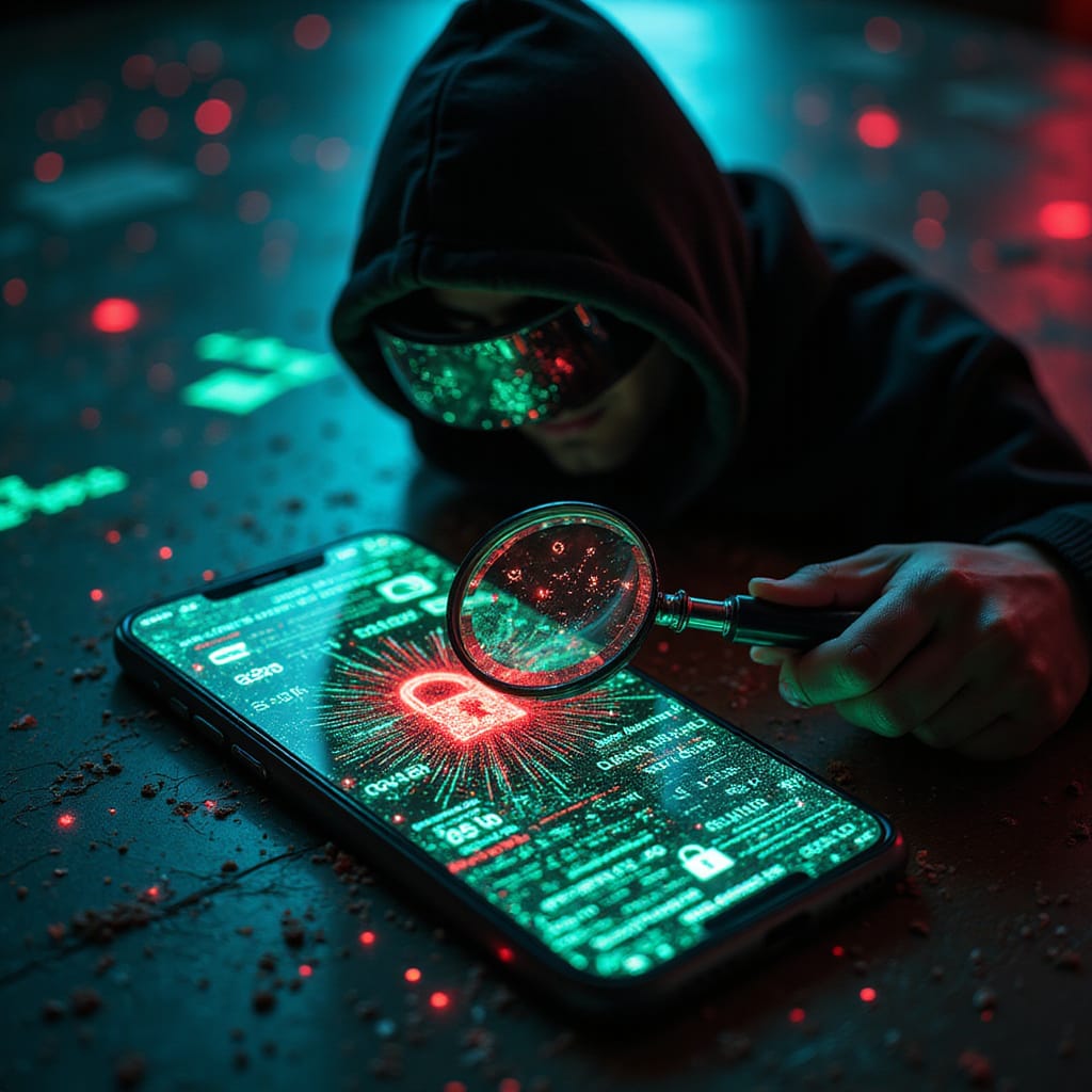 Image : Un smartphone affichant un message dalerte Surveillance détectée avec un cadenas brisé en arrière-plan.