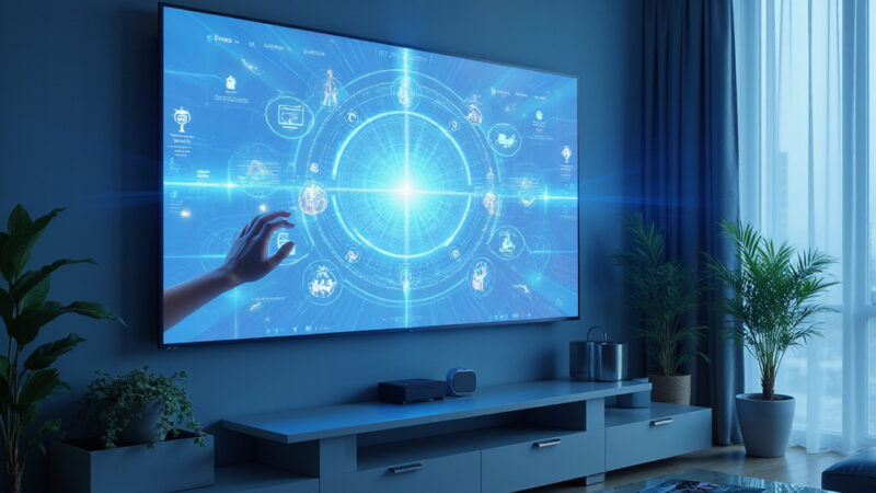 Alt-text : Une télévision connectée Google TV affichant linterface de Gemini avec des suggestions de films et une commande vocale activée.