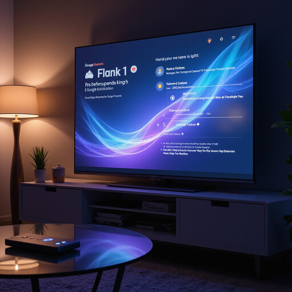 Alt-text : Une télévision connectée Google TV affichant linterface de Gemini avec des suggestions de films et une commande vocale activée.
