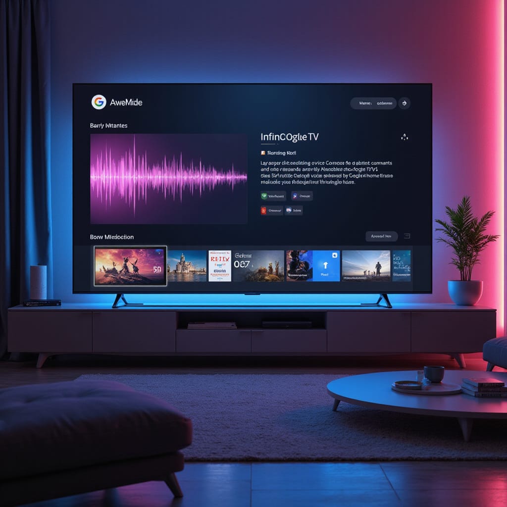 Alt-text : Une télévision connectée Google TV affichant linterface de Gemini avec des suggestions de films et une commande vocale activée.