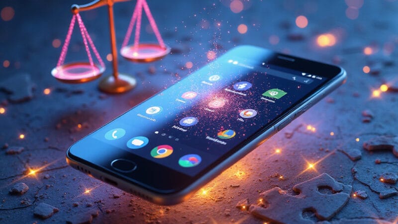 Tim Sweeney, PDG dEpic Games, commente laccord antitrust entre Google et Epic devant un écran affichant le logo Android, symbolisant louverture de la plateforme. ```