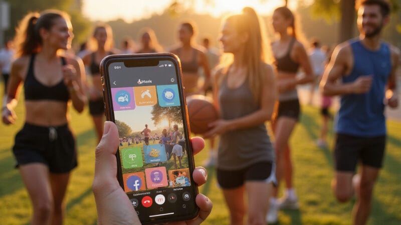 Application mobile Mmotion montrant une carte de New York avec des points de rencontre et des profils damis potentiels ```