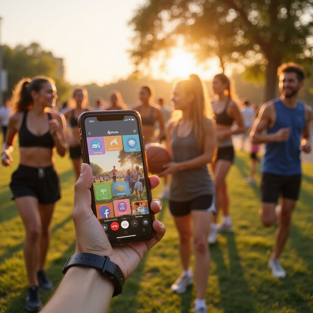 Application mobile Mmotion montrant une carte de New York avec des points de rencontre et des profils damis potentiels ```